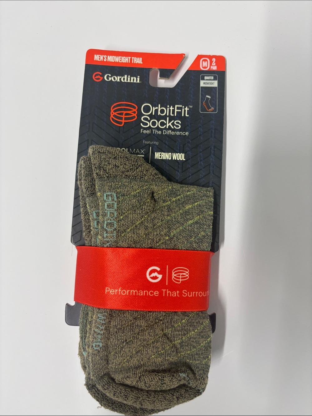 Gordini Mens 2 pair pack midweight trail quarter sock signal size medium NWT